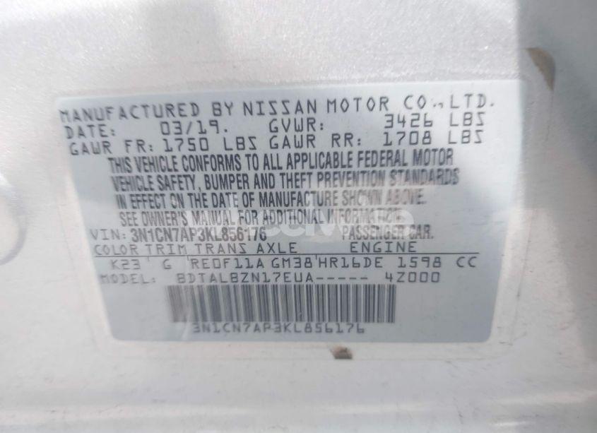 Photo 9 of 2019 Nissan Versa 1.6 SV (VIN 3N1CN7AP3KL856176)