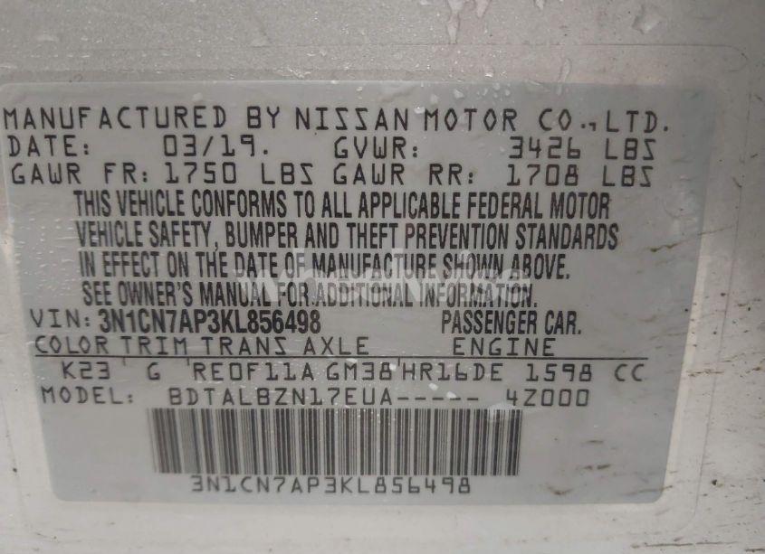 Photo 9 of 2019 Nissan Versa 1.6 SV (VIN 3N1CN7AP3KL856498)