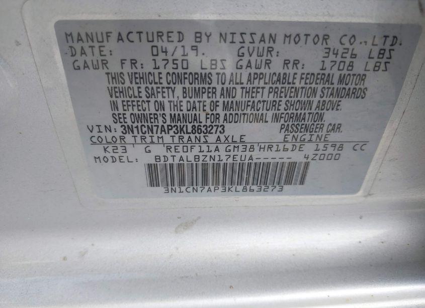 Photo 9 of 2019 Nissan Versa 1.6 SV (VIN 3N1CN7AP3KL863273)