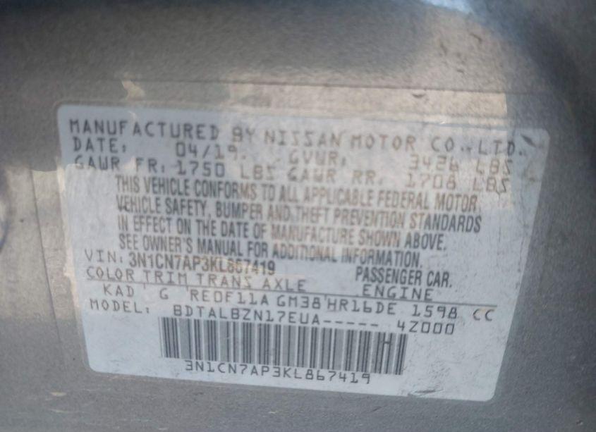 Photo 9 of 2019 Nissan Versa 1.6 SV (VIN 3N1CN7AP3KL867419)