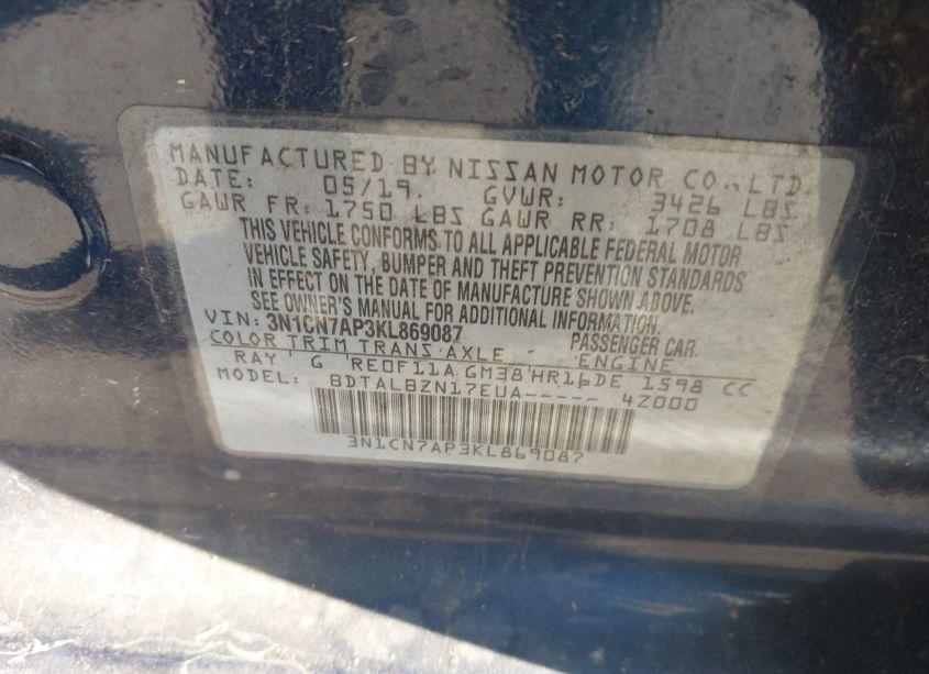 Photo 9 of 2019 Nissan Versa 1.6 SV (VIN 3N1CN7AP3KL869087)