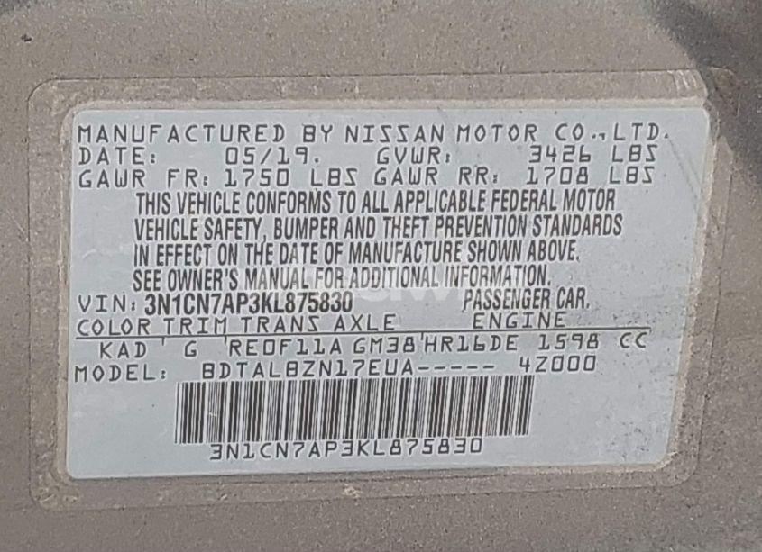 Photo 9 of 2019 Nissan Versa 1.6 SV (VIN 3N1CN7AP3KL875830)