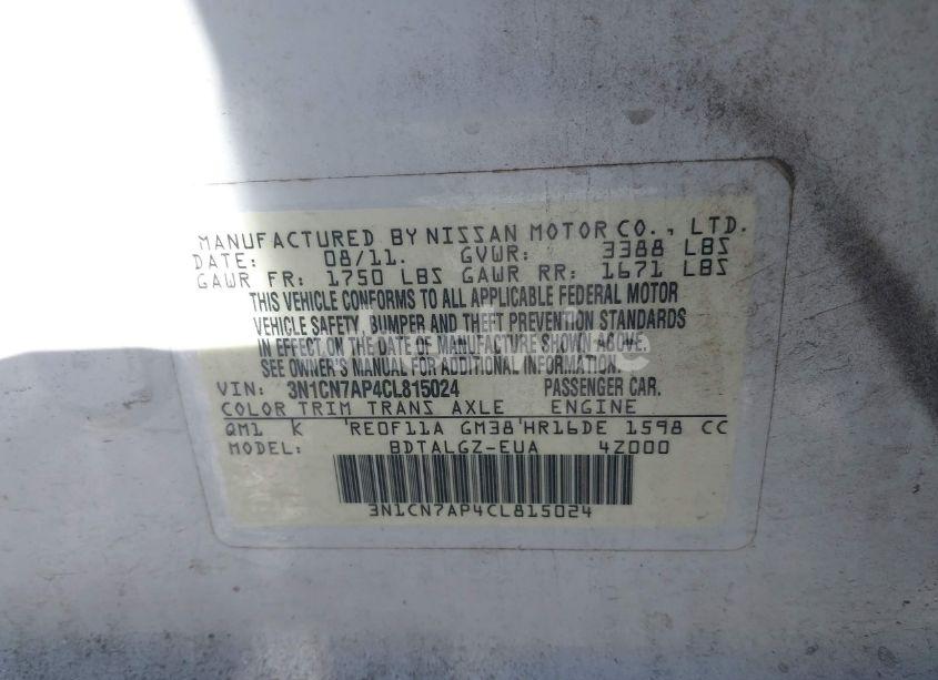 Photo 9 of 2012 Nissan Versa S/SV/SL (VIN 3N1CN7AP4CL815024)
