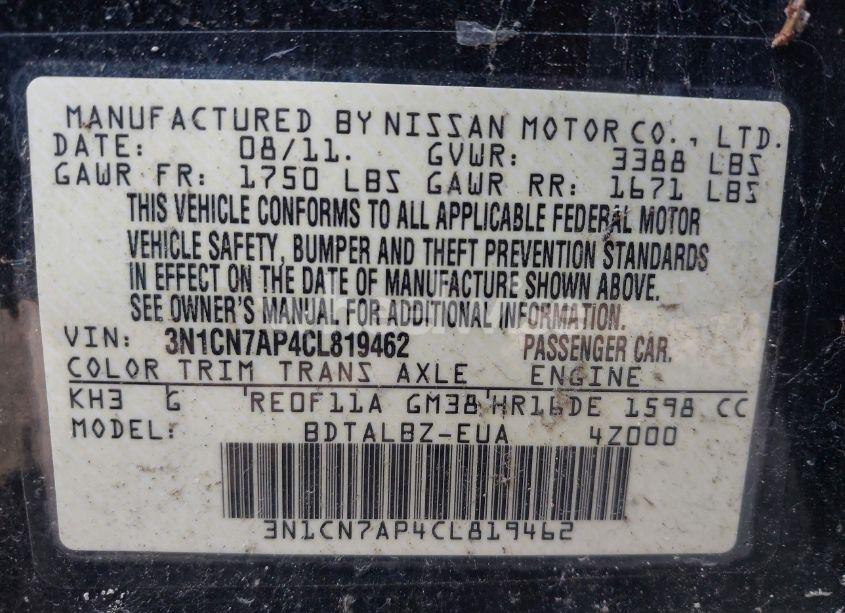 Photo 9 of 2012 Nissan Versa 1.6 SV (VIN 3N1CN7AP4CL819462)