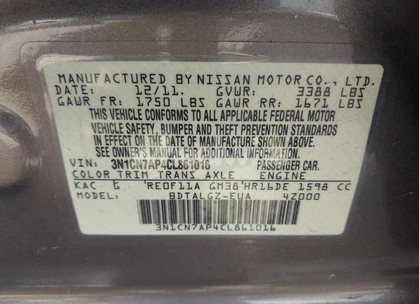 Photo 9 of 2012 Nissan Versa 1.6 SL (VIN 3N1CN7AP4CL861016)