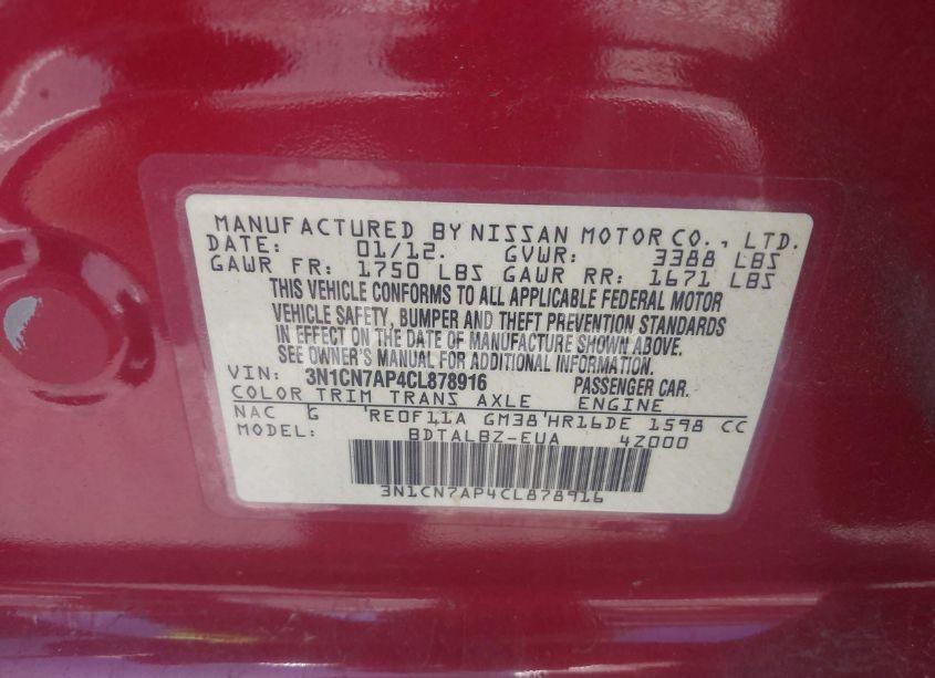 Photo 9 of 2012 Nissan Versa 1.6 SV (VIN 3N1CN7AP4CL878916)