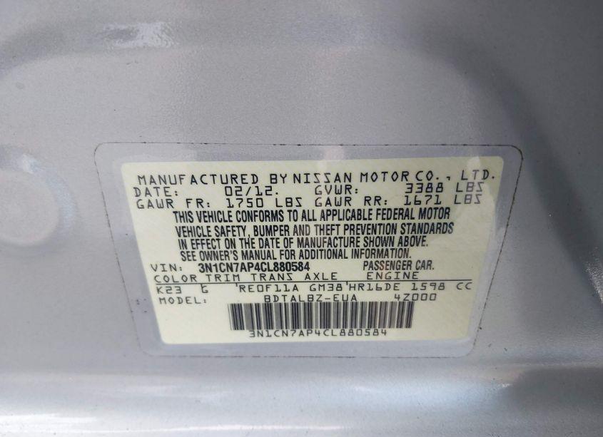 Photo 9 of 2012 Nissan Versa 1.6 SV (VIN 3N1CN7AP4CL880584)