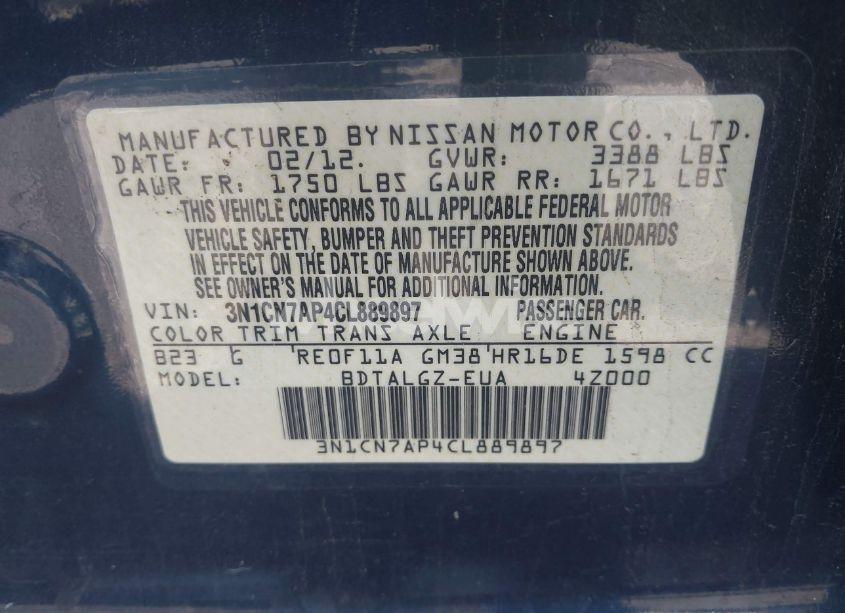 Photo 9 of 2012 Nissan Versa 1.6 SL (VIN 3N1CN7AP4CL889897)