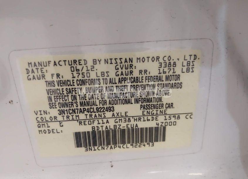 Photo 9 of 2012 Nissan Versa 1.6 SV (VIN 3N1CN7AP4CL922493)