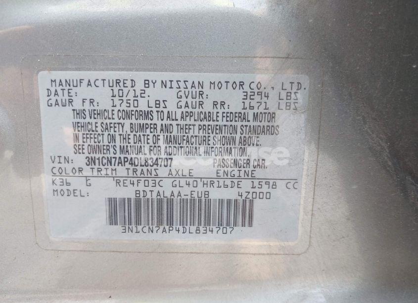 Photo 9 of 2013 Nissan Versa 1.6 S (VIN 3N1CN7AP4DL834707)