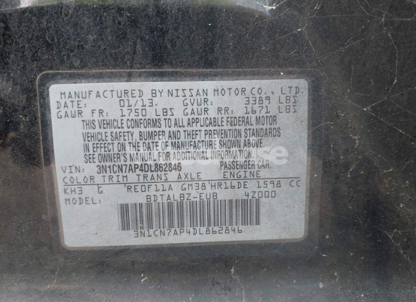 Photo 9 of 2013 Nissan Versa 1.6 SV (VIN 3N1CN7AP4DL862846)