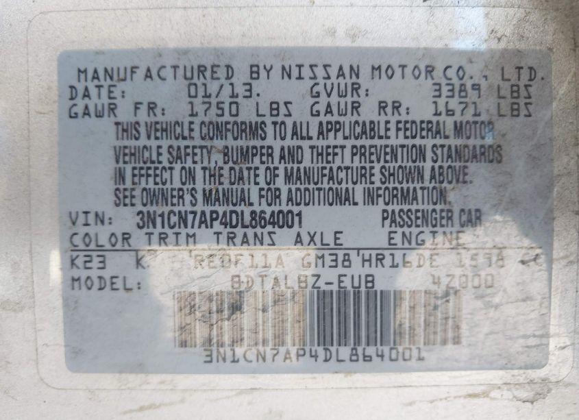 Photo 9 of 2013 Nissan Versa 1.6 SV (VIN 3N1CN7AP4DL864001)