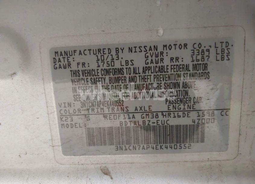 Photo 9 of 2014 Nissan Versa 1.6 S/1.6 S+/1.6 SL/1.6 SV (VIN 3N1CN7AP4EK440552)