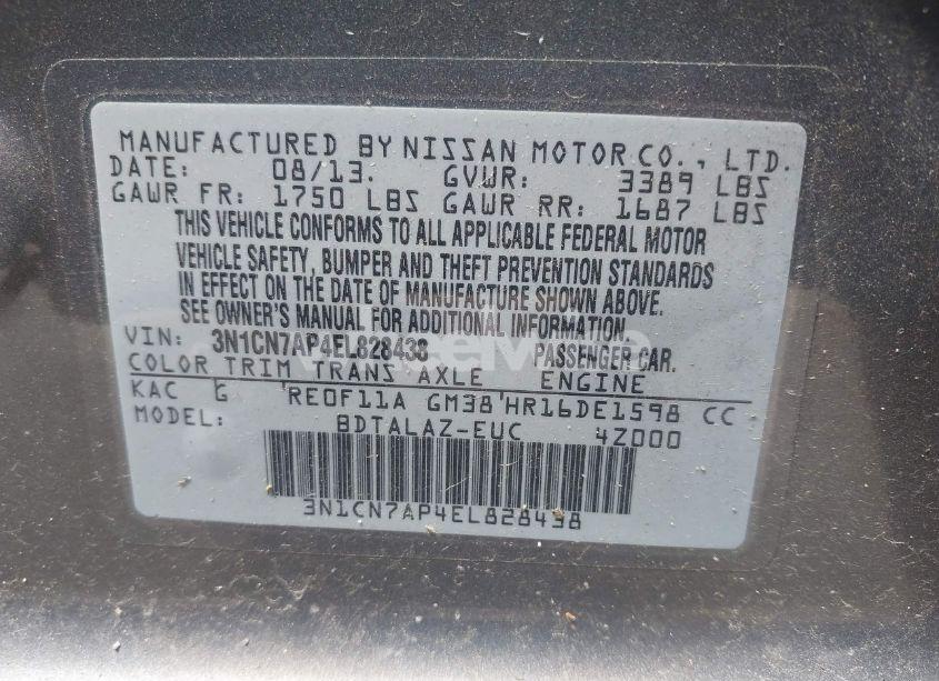 Photo 9 of 2014 Nissan Versa 1.6 S+ (VIN 3N1CN7AP4EL828438)