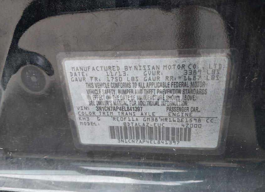 Photo 9 of 2014 Nissan Versa 1.6 S+ (VIN 3N1CN7AP4EL841397)