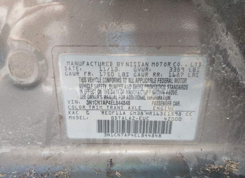 Photo 9 of 2014 Nissan Versa 1.6 S+ (VIN 3N1CN7AP4EL844848)