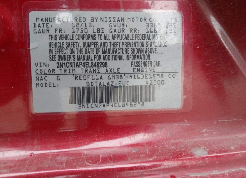 Photo 9 of 2014 Nissan Versa 1.6 S+ (VIN 3N1CN7AP4EL848298)