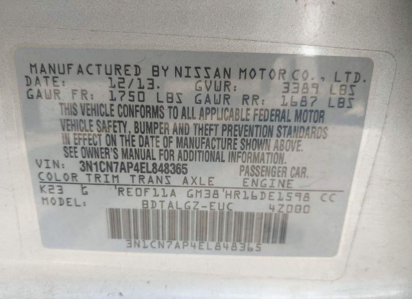 Photo 9 of 2014 Nissan Versa 1.6 SL (VIN 3N1CN7AP4EL848365)