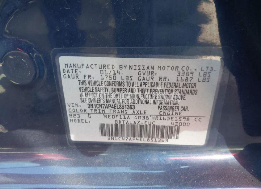 Photo 9 of 2014 Nissan Versa 1.6 S+ (VIN 3N1CN7AP4EL851363)