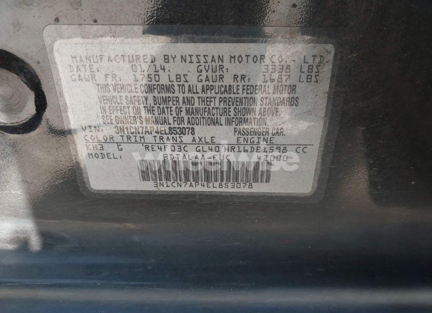 Photo 9 of 2014 Nissan Versa 1.6 S (VIN 3N1CN7AP4EL853078)