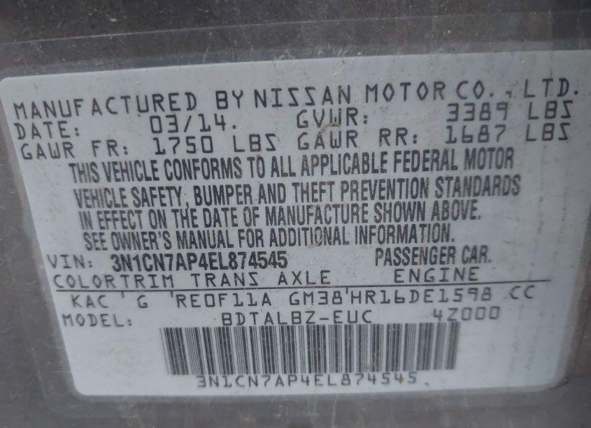 Photo 9 of 2014 Nissan Versa 1.6 S/1.6 S+/1.6 SL/1.6 SV (VIN 3N1CN7AP4EL874545)