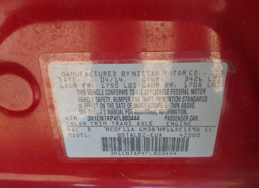 Photo 9 of 2015 Nissan Versa 1.6 S/1.6 S+/1.6 SL/1.6 SV (VIN 3N1CN7AP4FL803444)