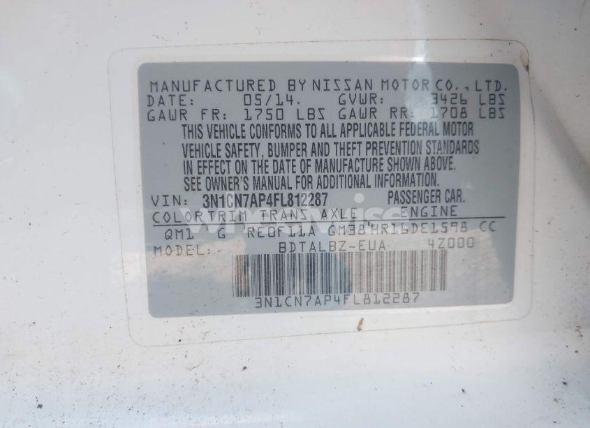 Photo 9 of 2015 Nissan Versa 1.6 S/1.6 S+/1.6 SL/1.6 SV (VIN 3N1CN7AP4FL812287)