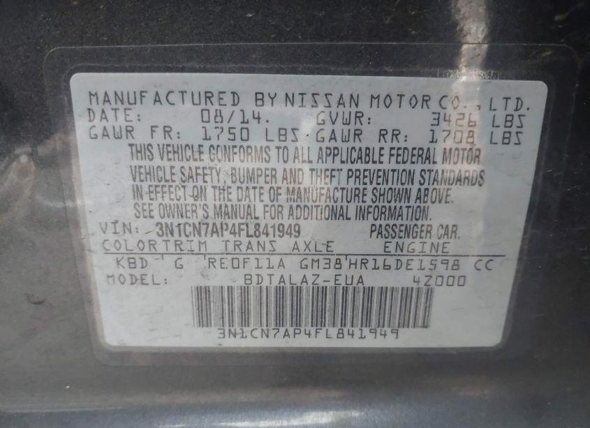 Photo 9 of 2015 Nissan Versa 1.6 S+ (VIN 3N1CN7AP4FL841949)