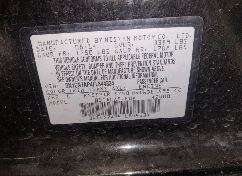 Photo 9 of 2015 Nissan Versa 1.6 S (VIN 3N1CN7AP4FL844334)