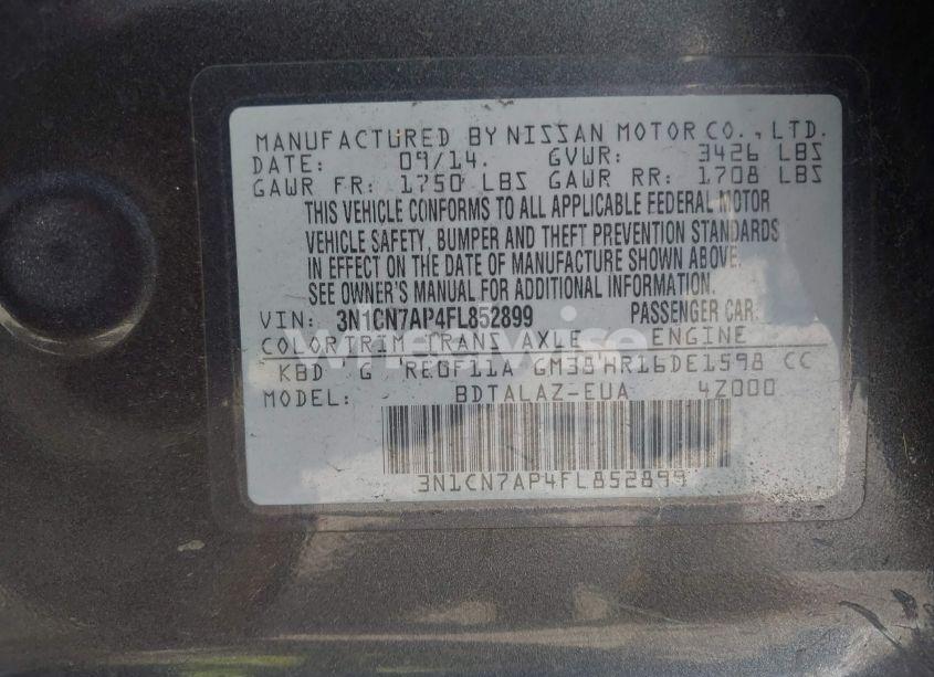 Photo 9 of 2015 Nissan Versa 1.6 S+ (VIN 3N1CN7AP4FL852899)