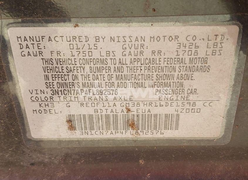 Photo 9 of 2015 Nissan Versa 1.6 S+ (VIN 3N1CN7AP4FL892576)