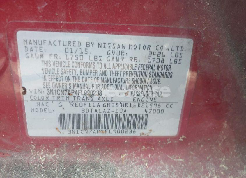 Photo 9 of 2015 Nissan Versa 1.6 S+ (VIN 3N1CN7AP4FL900238)