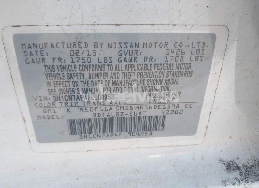 Photo 9 of 2015 Nissan Versa 1.6 SV (VIN 3N1CN7AP4FL904953)