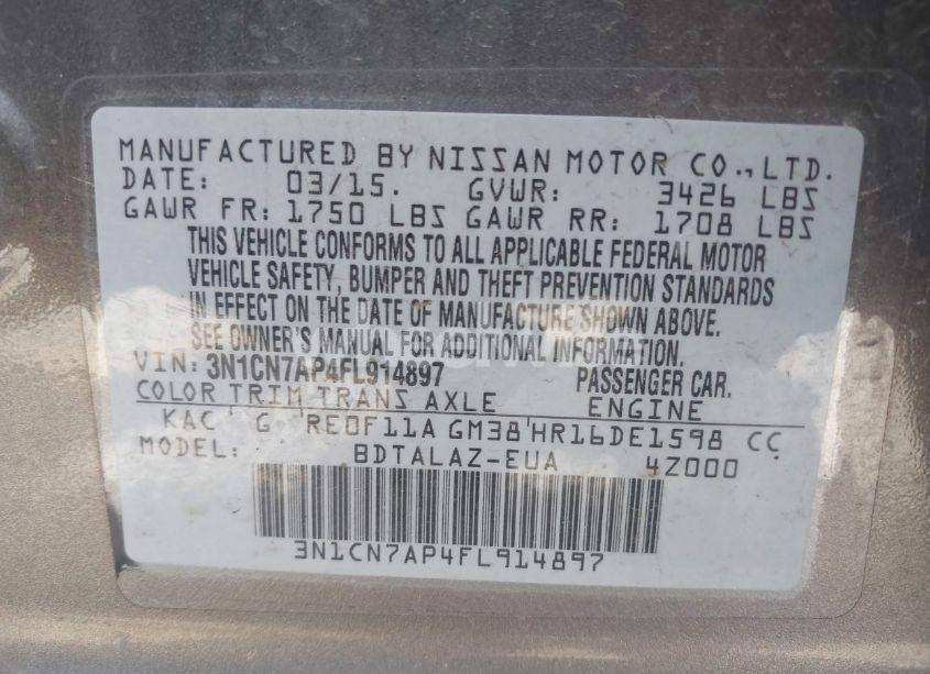 Photo 9 of 2015 Nissan Versa 1.6 S+ (VIN 3N1CN7AP4FL914897)