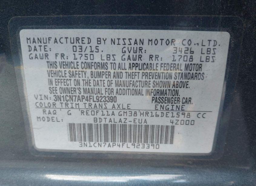 Photo 9 of 2015 Nissan Versa 1.6 S+ (VIN 3N1CN7AP4FL923390)