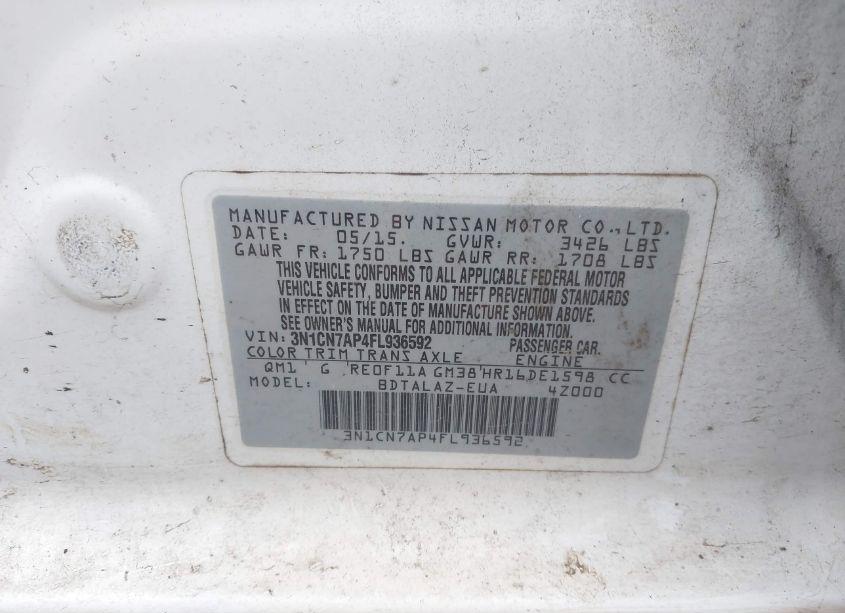 Photo 9 of 2015 Nissan Versa 1.6 S+ (VIN 3N1CN7AP4FL936592)