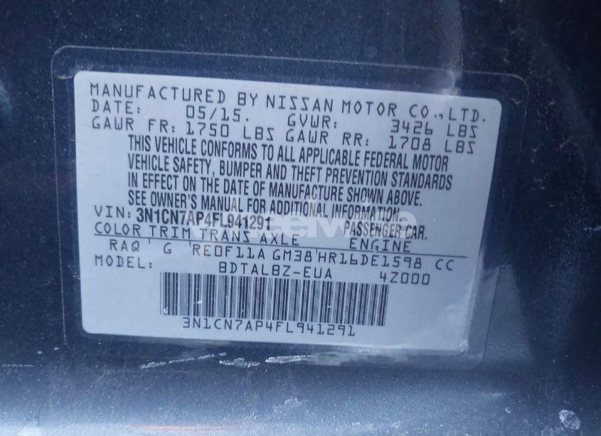 Photo 9 of 2015 Nissan Versa 1.6 SV (VIN 3N1CN7AP4FL941291)