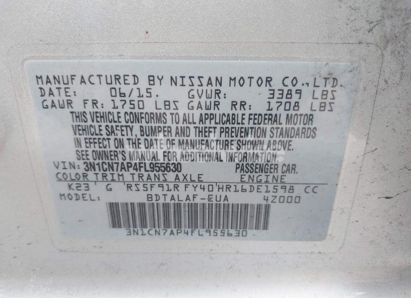 Photo 9 of 2015 Nissan Versa 1.6 S (VIN 3N1CN7AP4FL955630)