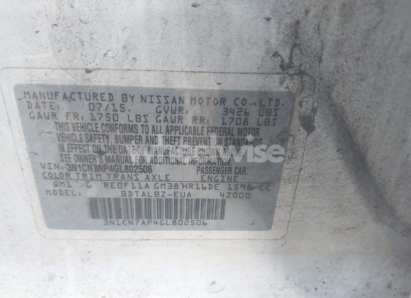 Photo 9 of 2016 Nissan Versa 1.6 S/1.6 S+/1.6 SL/1.6 SV (VIN 3N1CN7AP4GL802506)