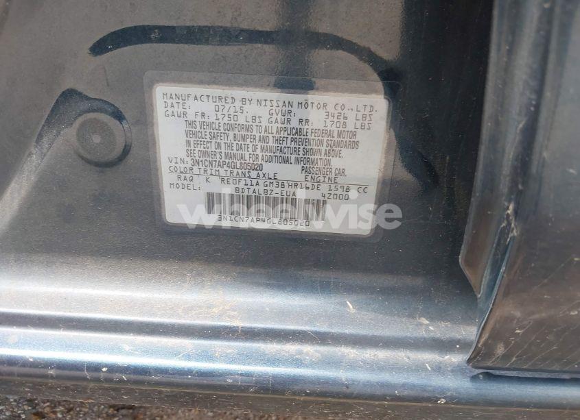 Photo 9 of 2016 Nissan Versa 1.6 S/1.6 S+/1.6 SL/1.6 SV (VIN 3N1CN7AP4GL805020)