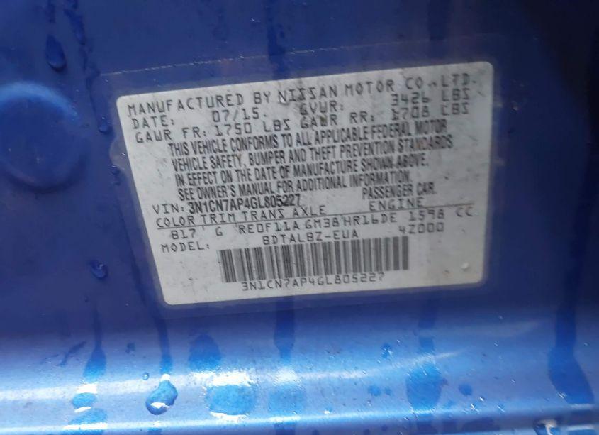 Photo 9 of 2016 Nissan Versa 1.6 S/1.6 S+/1.6 SL/1.6 SV (VIN 3N1CN7AP4GL805227)