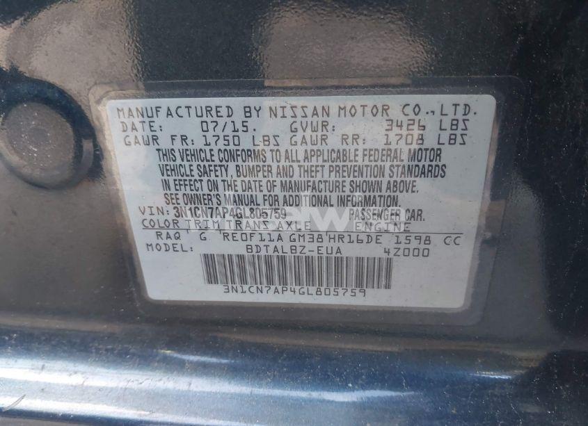 Photo 9 of 2016 Nissan Versa 1.6 S/1.6 S+/1.6 SL/1.6 SV (VIN 3N1CN7AP4GL805759)