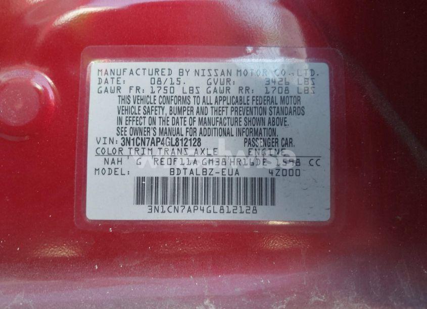 Photo 9 of 2016 Nissan Versa 1.6 S/1.6 S+/1.6 SL/1.6 SV (VIN 3N1CN7AP4GL812128)