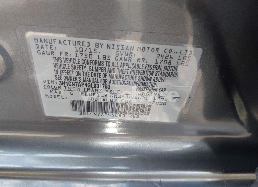 Photo 9 of 2016 Nissan Versa 1.6 SV (VIN 3N1CN7AP4GL831763)