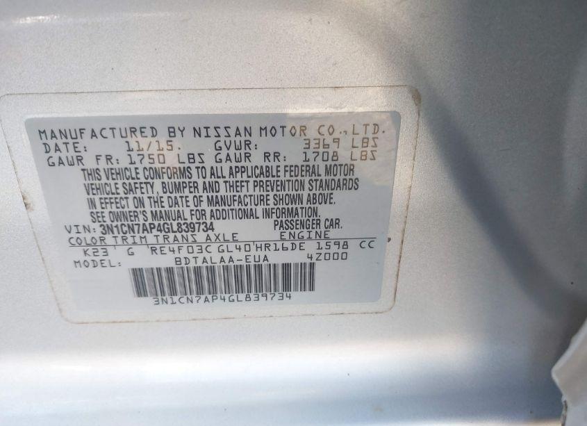 Photo 9 of 2016 Nissan Versa 1.6 S (VIN 3N1CN7AP4GL839734)