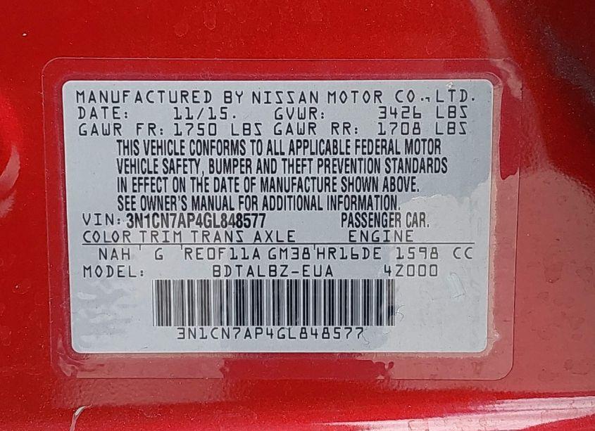 Photo 9 of 2016 Nissan Versa 1.6 S/1.6 S+/1.6 SL/1.6 SV (VIN 3N1CN7AP4GL848577)