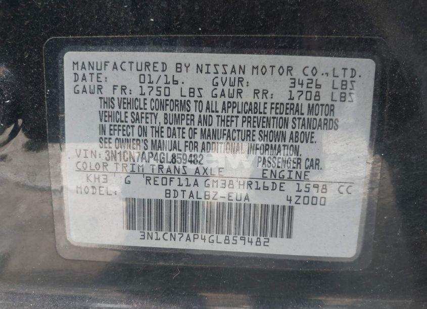 Photo 9 of 2016 Nissan Versa 1.6 SV (VIN 3N1CN7AP4GL859482)