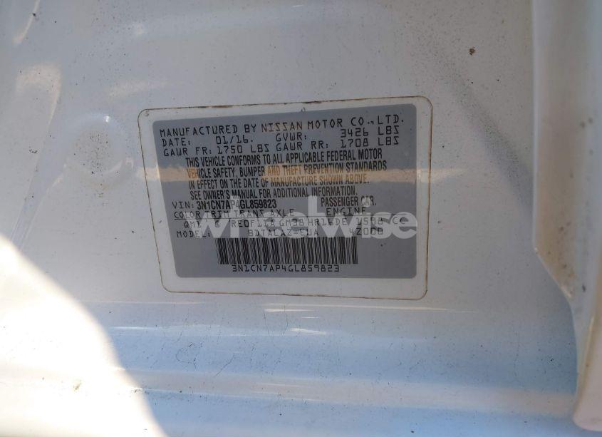 Photo 9 of 2016 Nissan Versa 1.6 S+ (VIN 3N1CN7AP4GL859823)