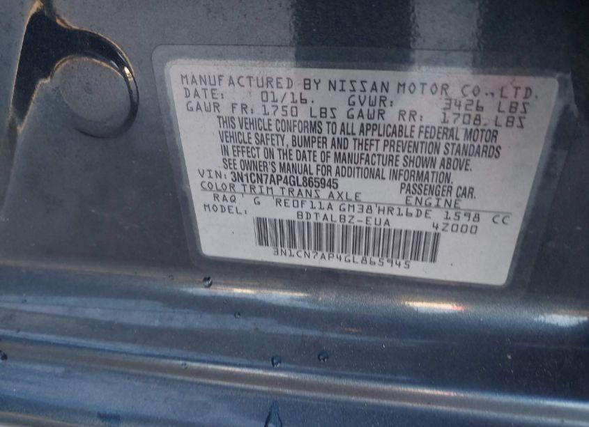 Photo 9 of 2016 Nissan Versa 1.6 SV (VIN 3N1CN7AP4GL865945)