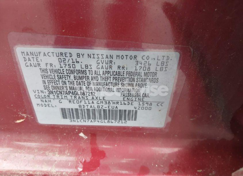 Photo 9 of 2016 Nissan Versa 1.6 S/1.6 S+/1.6 SL/1.6 SV (VIN 3N1CN7AP4GL867212)